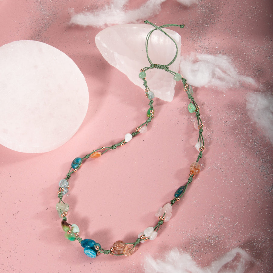 Laboratory Certified Libra Zodiac Natural Stone Macramé Necklace – Aquamarine, Moonstone, Sunstone, Chrysoprase, Blue Apatite, Rose Quartz, Green Aventurine – Special Design