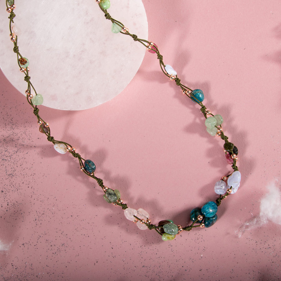 Laboratory Certified Taurus Zodiac Natural Stone Macramé Necklace – Chalcedony, Kyanite, Chrysoprase, Blue Apatite, Rose Quartz, Multicolor Tourmaline, Green Aventurine – Special Design