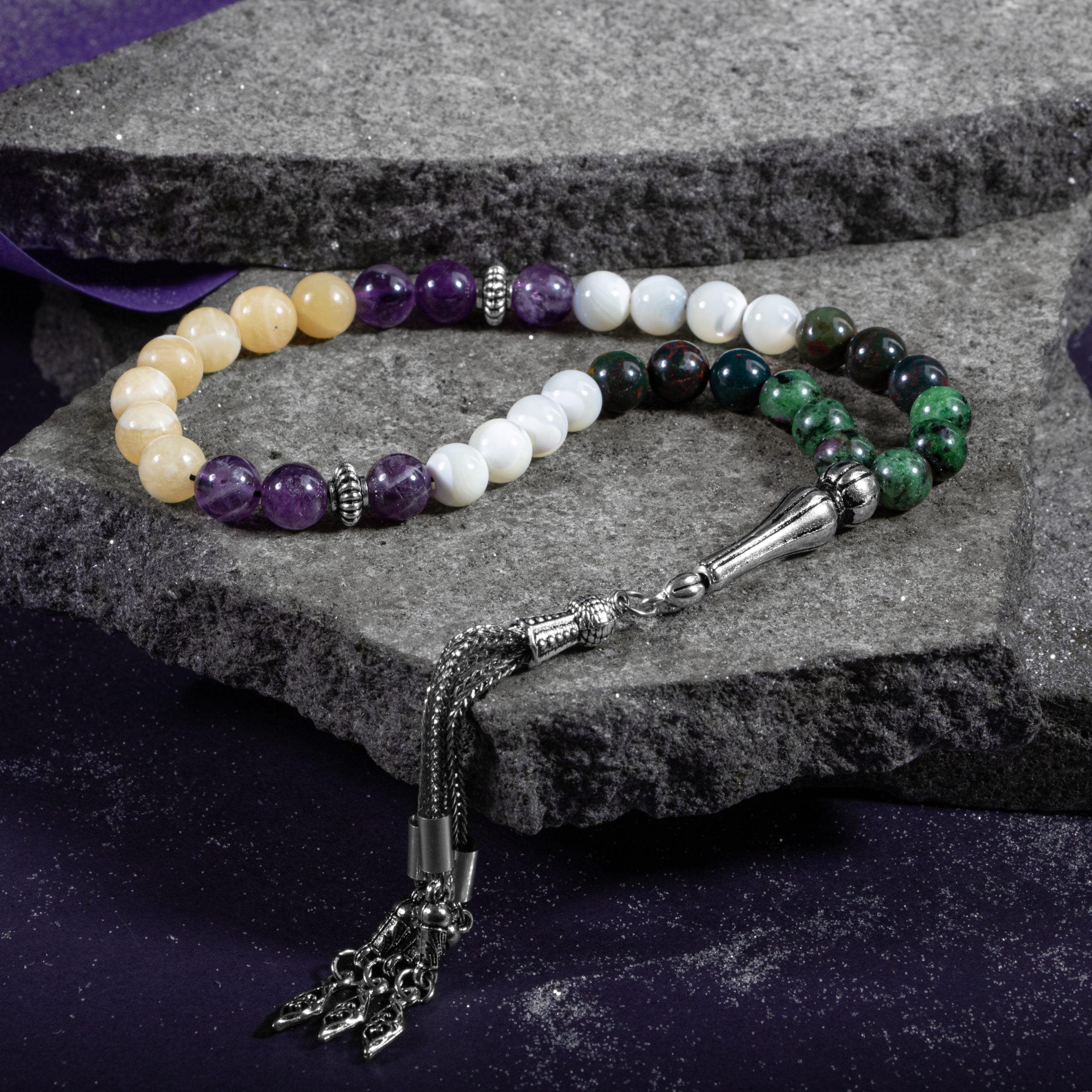 Cancer Zodiac Prayer Beads – Amethyst, Anyolite, Aragonite, Bloodstone & Mother of Pearl Natural Gemstone