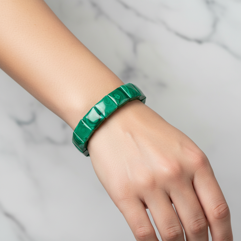 Laboratory Certified Malachite Wide Cut Square Cut Natural Gemstone Bracelet