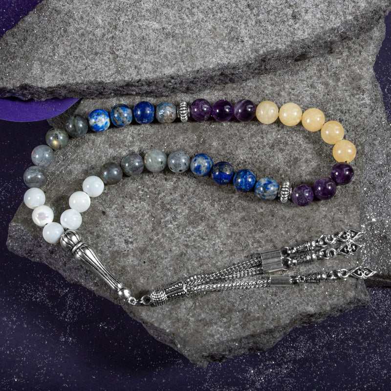 Laboratory Certified Sagittarius Zodiac Prayer Beads – Amethyst, Calcite, Labradorite, Lapis Lazuli & Mother of Pearl Natural Gemstone