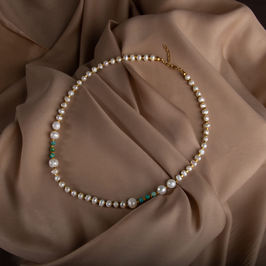 Laboratory Certified Pearl & Amazonite Natural Stone Necklace – Gold-Plated Clasp, Elegant Unisex Design