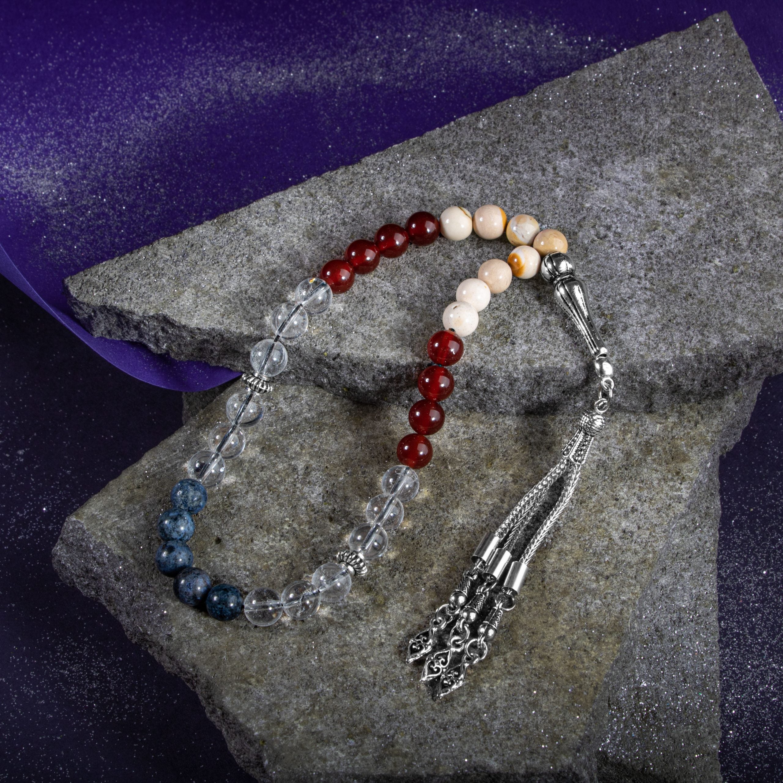 Capricorn Zodiac Prayer Beads – Dumortierite, Jasper, Red Agate & Crystal Quartz Natural Gemstone