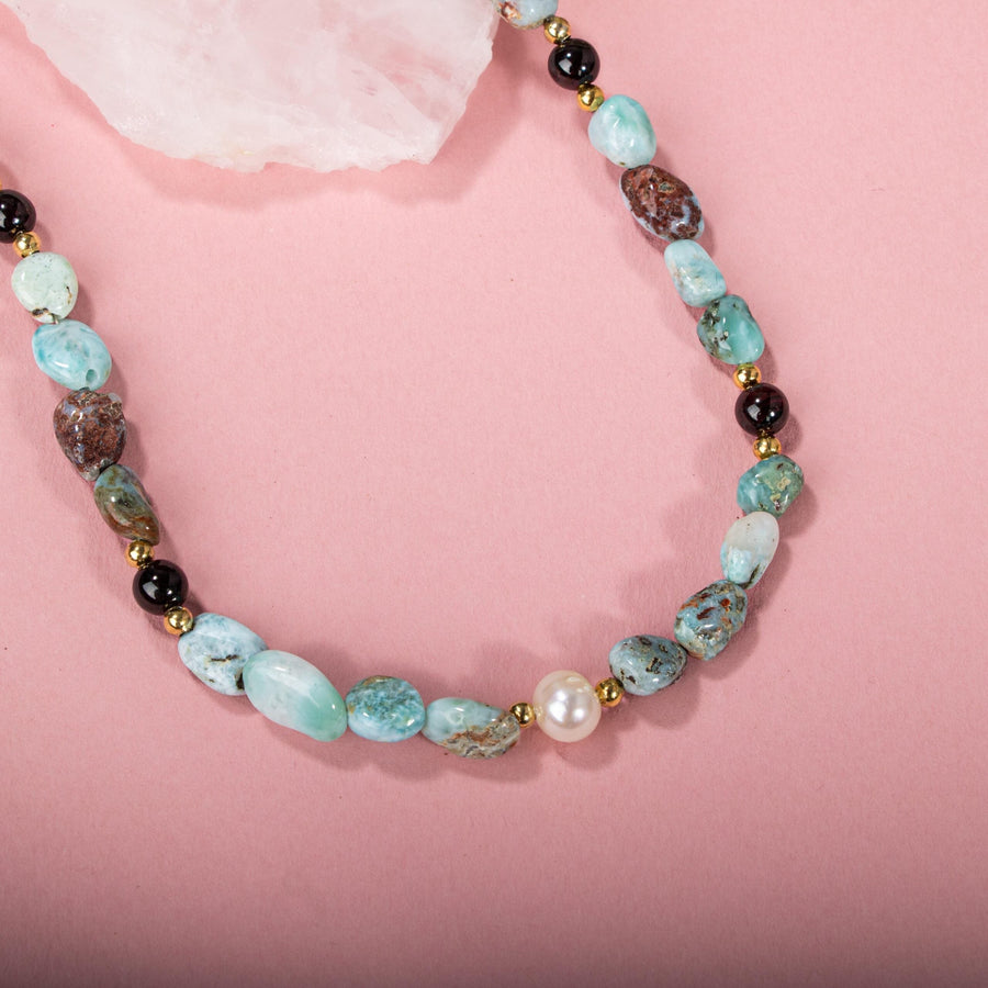 Laboratory Certified Larimar, Garnet, Hematite, Pearl & Moonstone Gold-Plated Natural Stone Necklace – Special Design