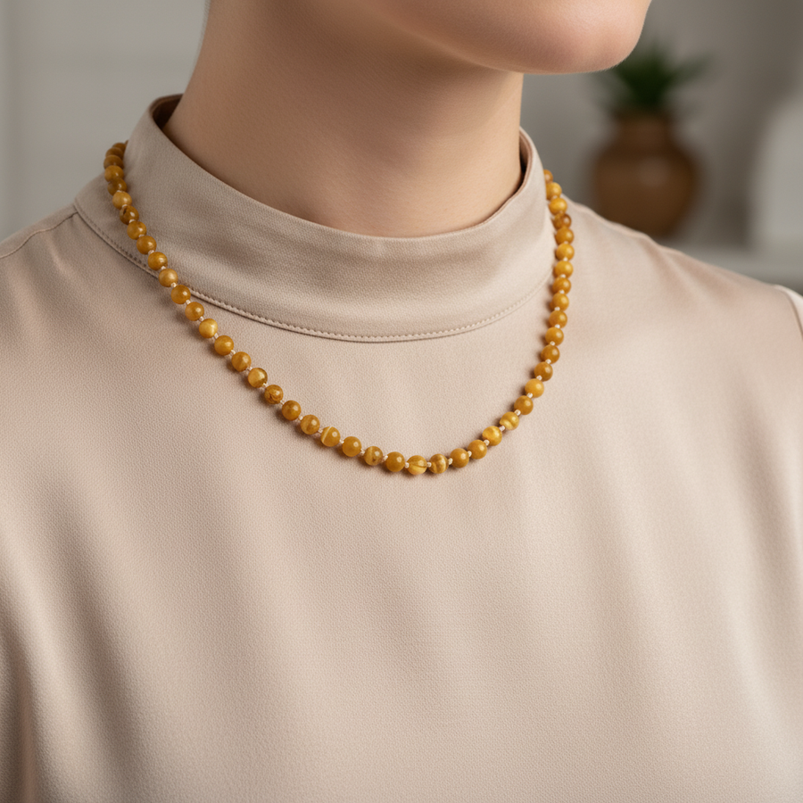 Laboratory Certified Yellow Jasper Natural Stone 6 mm Knotted Necklace