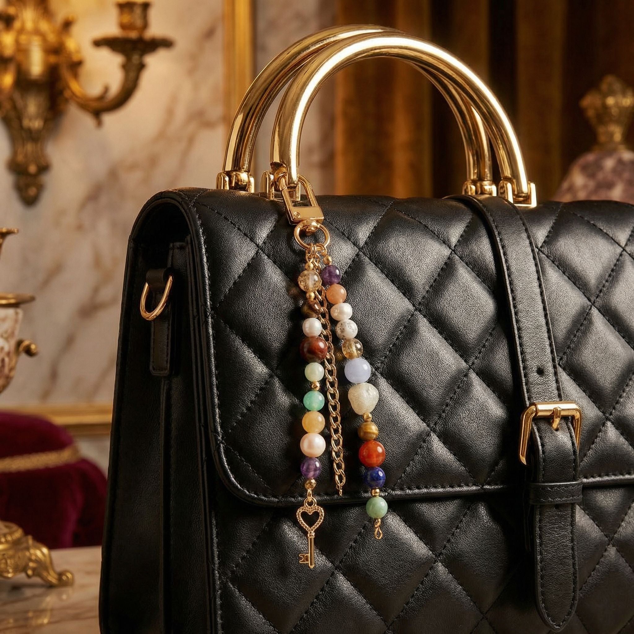 Laboratory Certified Natural Stone Bag Charm – Citrine, Tiger’s Eye, Pearl, Amethyst, Chalcedony, Howlite & Lapis Lazuli