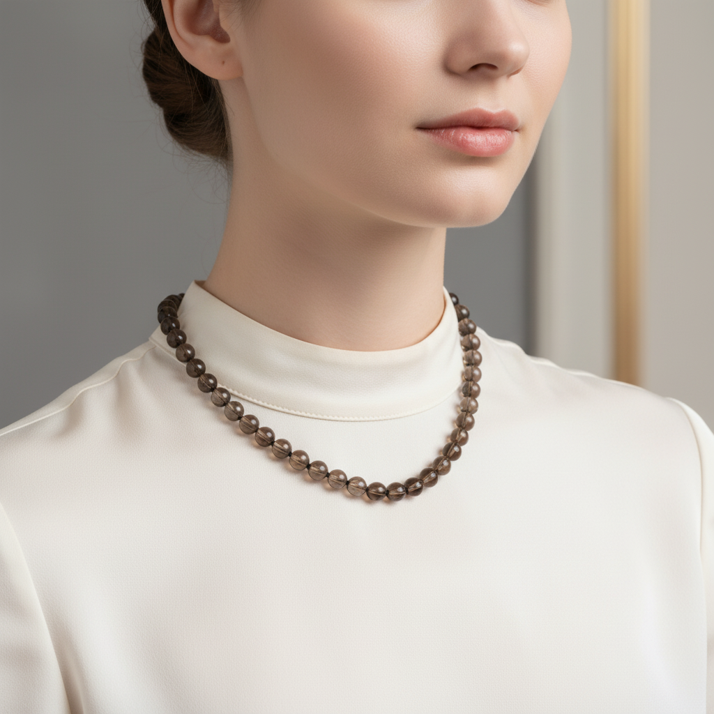 Laboratory Certified Smoky Quartz 6 mm Knotted Natural Stone Necklace