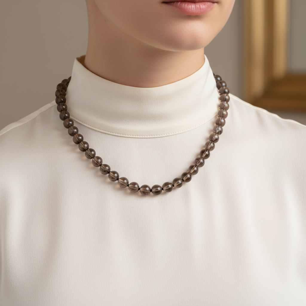 Laboratory Certified Smoky Quartz 8 mm Knotted Natural Stone Necklace