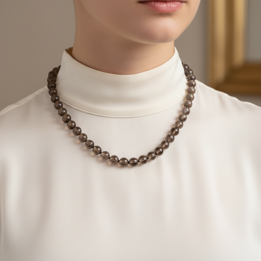 Laboratory Certified Smoky Quartz 8 mm Knotted Natural Stone Necklace