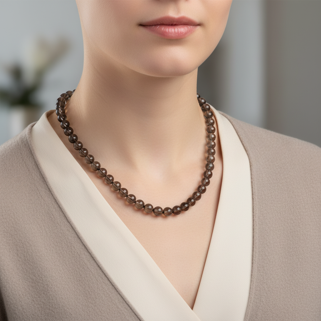 Laboratory Certified Smoky Quartz 8 mm Knotted Natural Stone Necklace