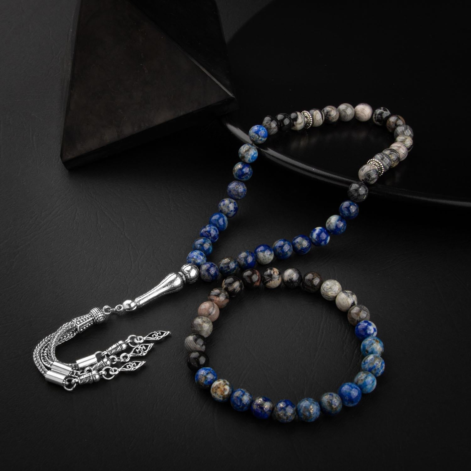 Lapis Lazuli & Jasper Natural Gemstone Prayer Beads & Bracelet Set