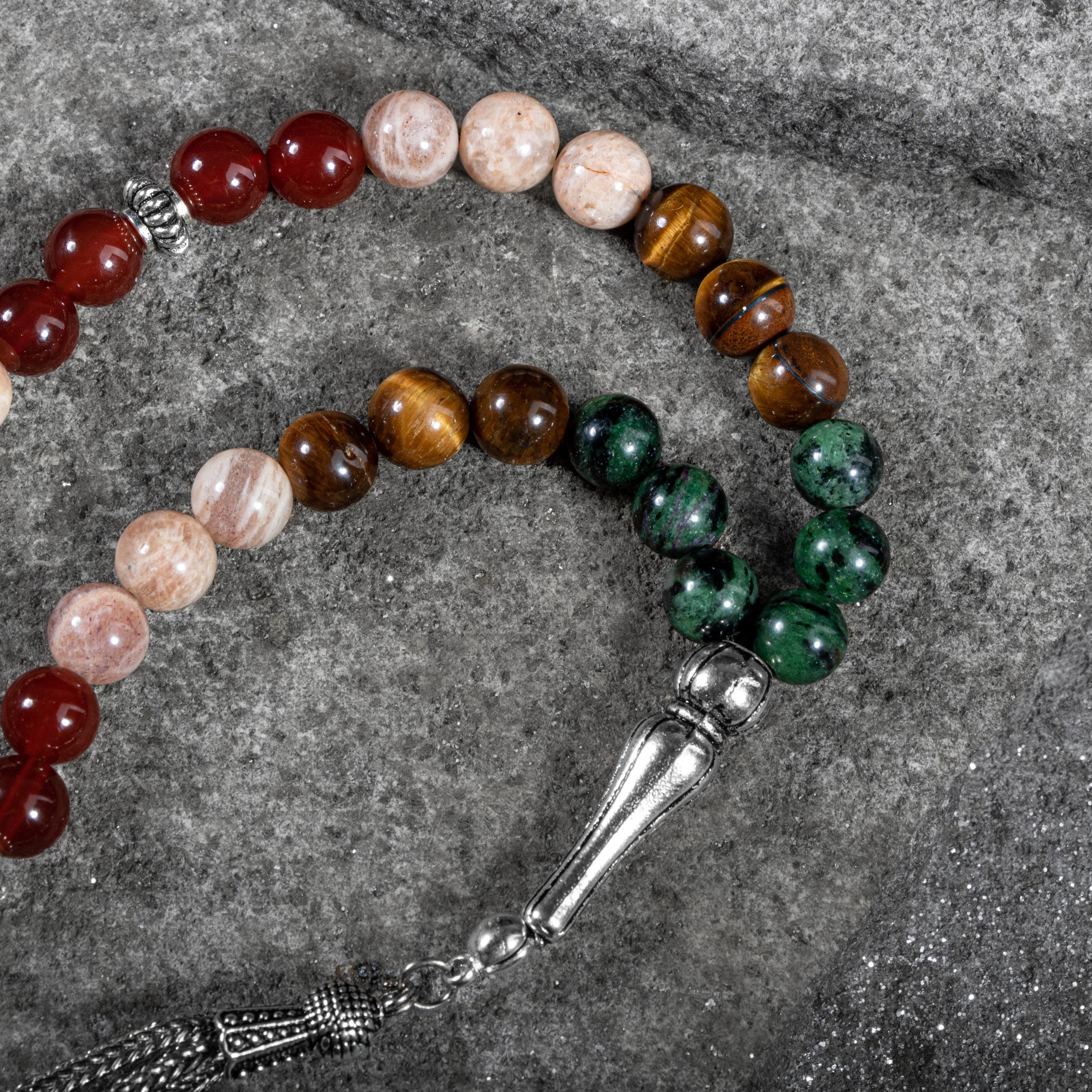 Gemini Zodiac Prayer Beads – Anyolite, Sunstone, Tiger's Eye, Red Agate & Green Aventurine Natural Gemstone