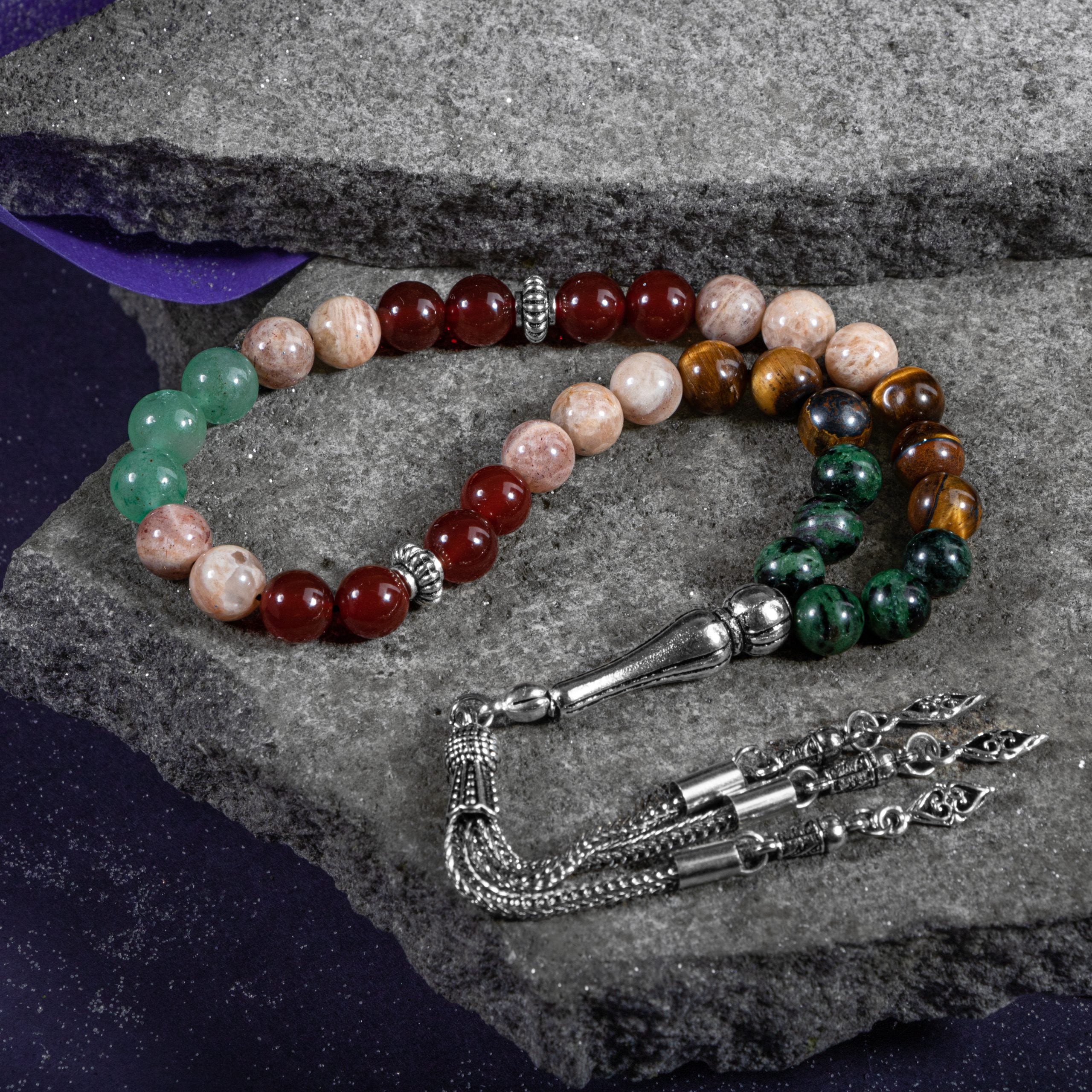 Gemini Zodiac Prayer Beads – Anyolite, Sunstone, Tiger's Eye, Red Agate & Green Aventurine Natural Gemstone