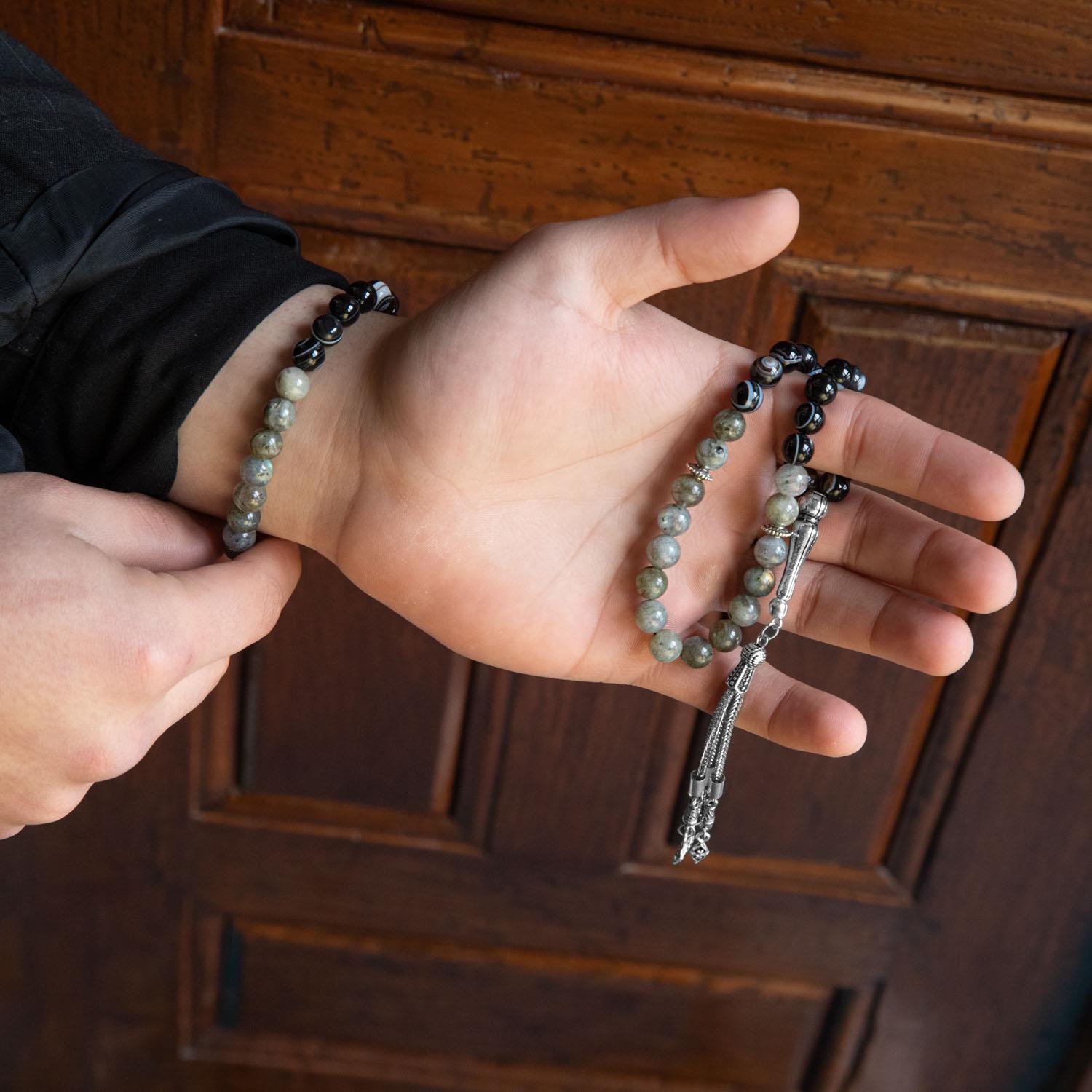 Labradorite & Black Eye Agate Natural Gemstone Prayer Beads & Bracelet Set