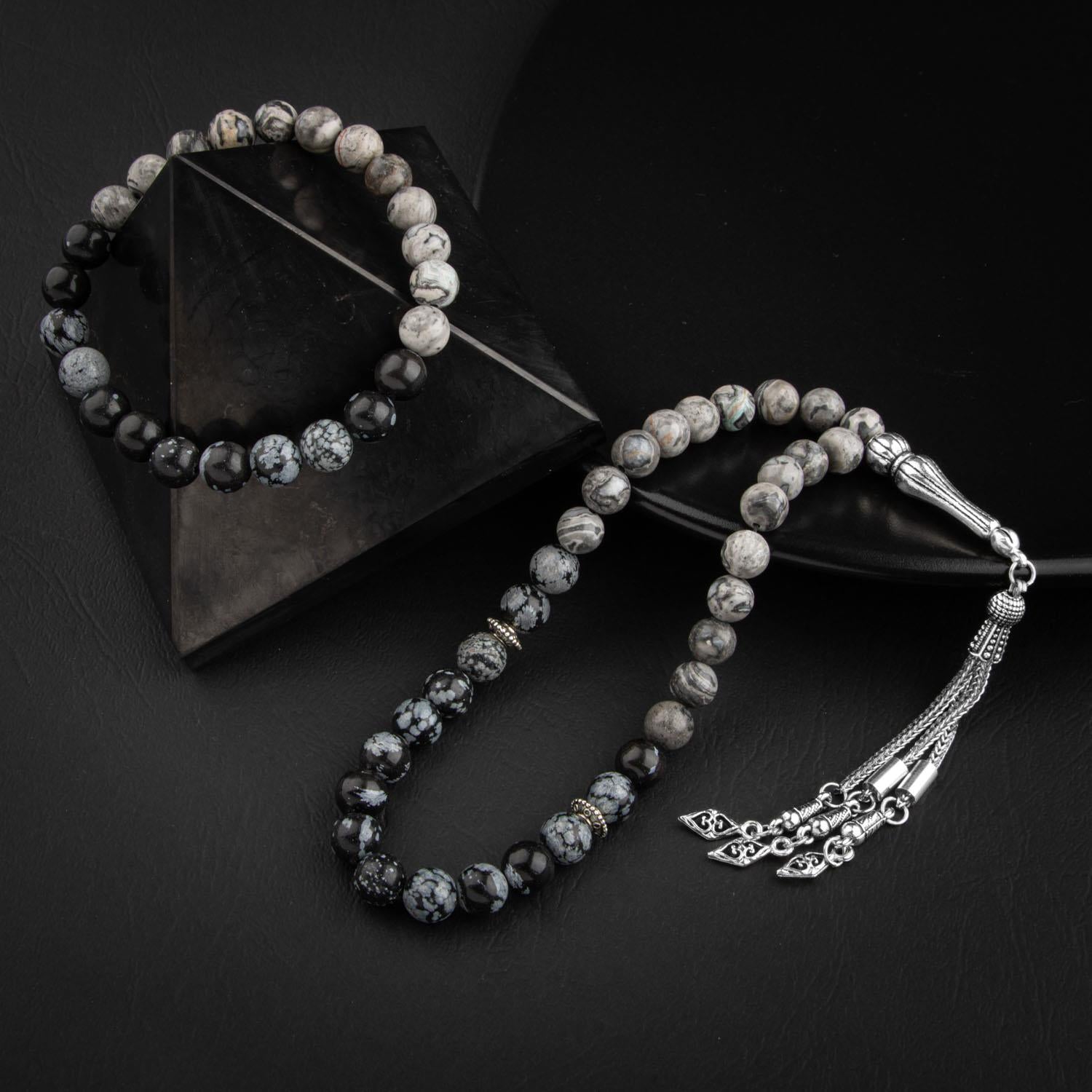 Gray Jasper & Snowflake Obsidian Natural Gemstone Prayer Beads & Bracelet Set