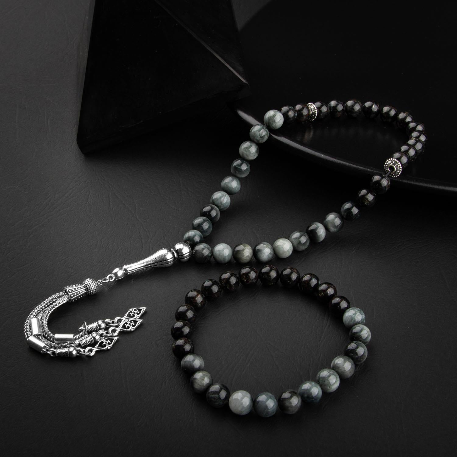 Cat's Eye & Black Tourmaline Natural Gemstone Prayer Beads & Bracelet Set
