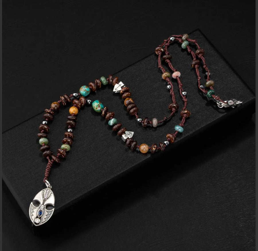Laboratory Certified Coconut Shell – Turquoise – Tiger's Eye – Indian Agate – Hematite Natural Stone Silver Design Necklace