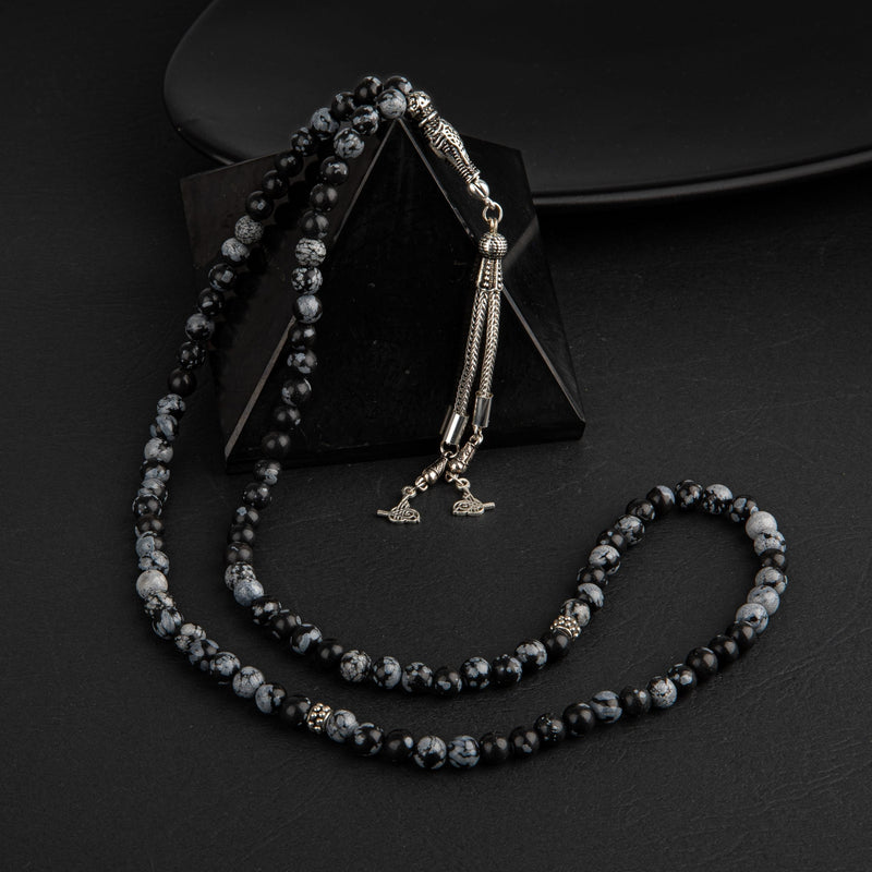 Laboratory Certified Snowflake Obsidian Natural Gemstone Prayer Beads 99-Bead – 6mm