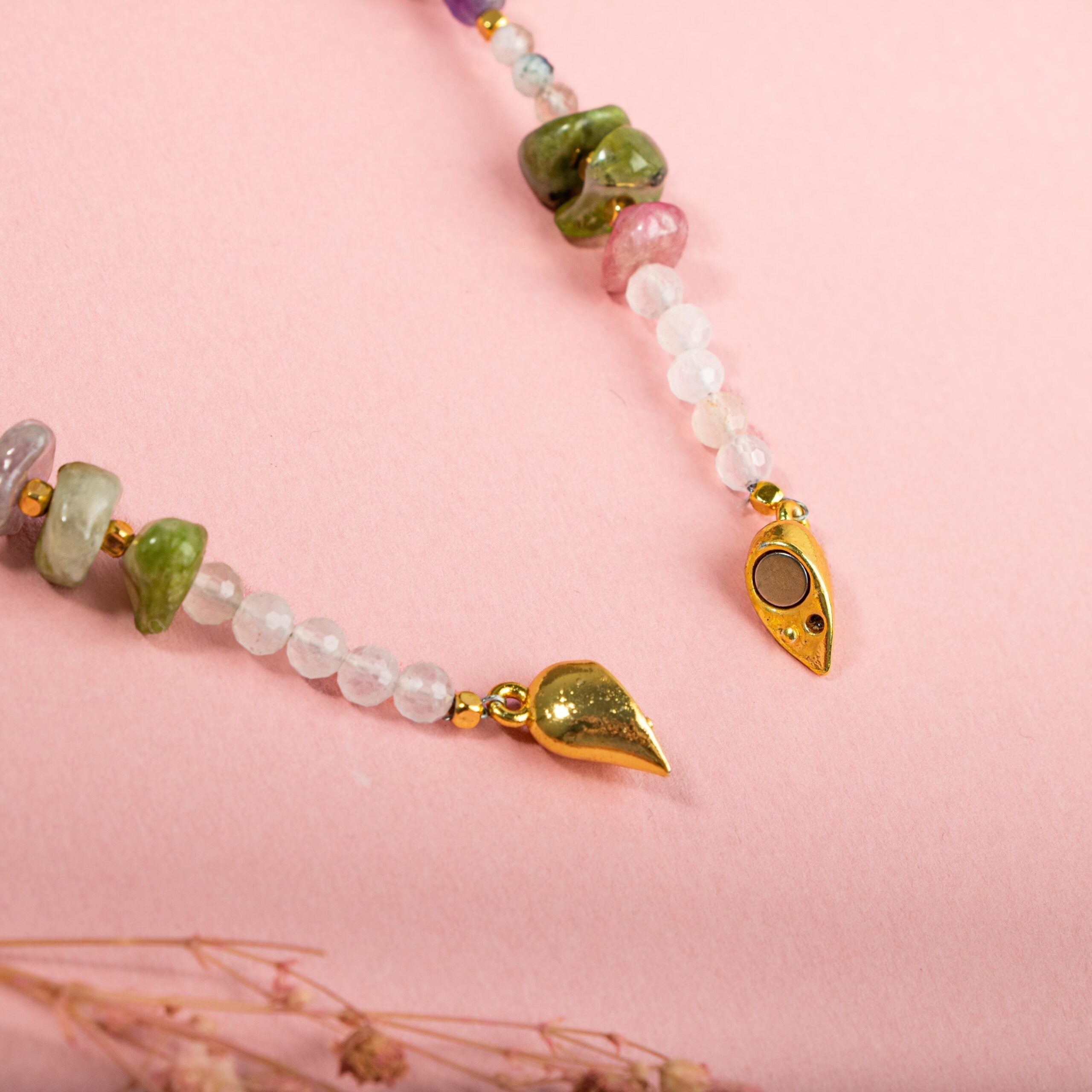 Ay Taşı-Ametist-Renkli Turmalin Doğal Taş Kalpli Kapama Kolye