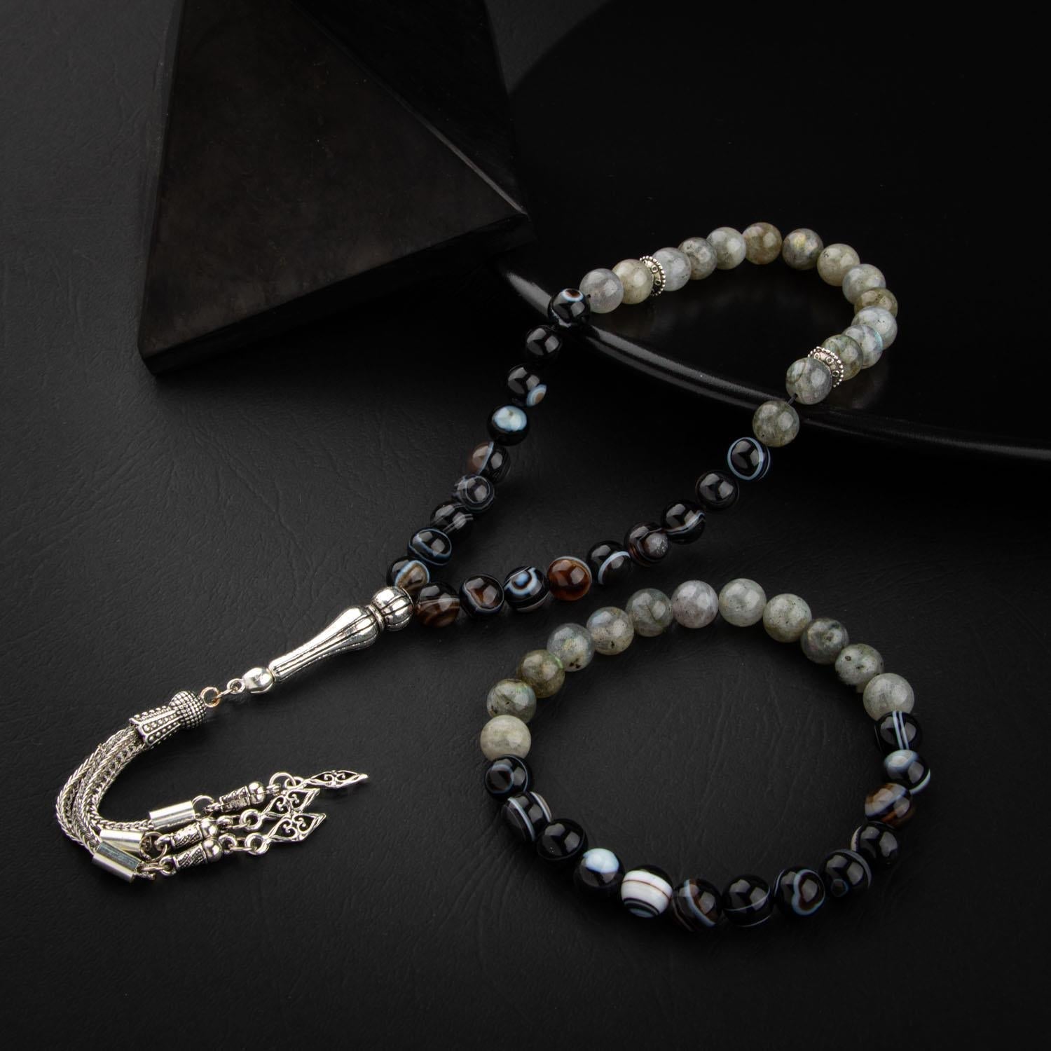Labradorite & Black Eye Agate Natural Gemstone Prayer Beads & Bracelet Set