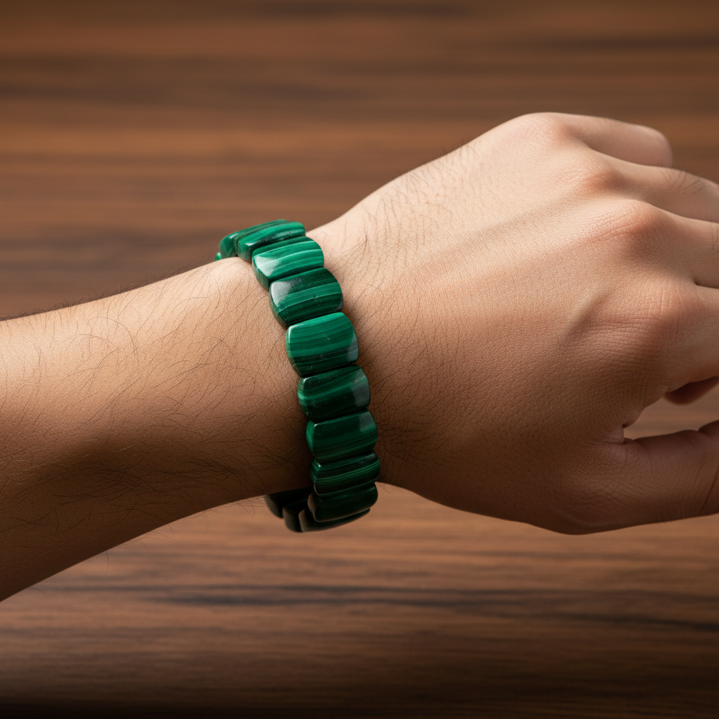 Laboratory Certified Malachite Wide Cut Natural Gemstone Bracelet