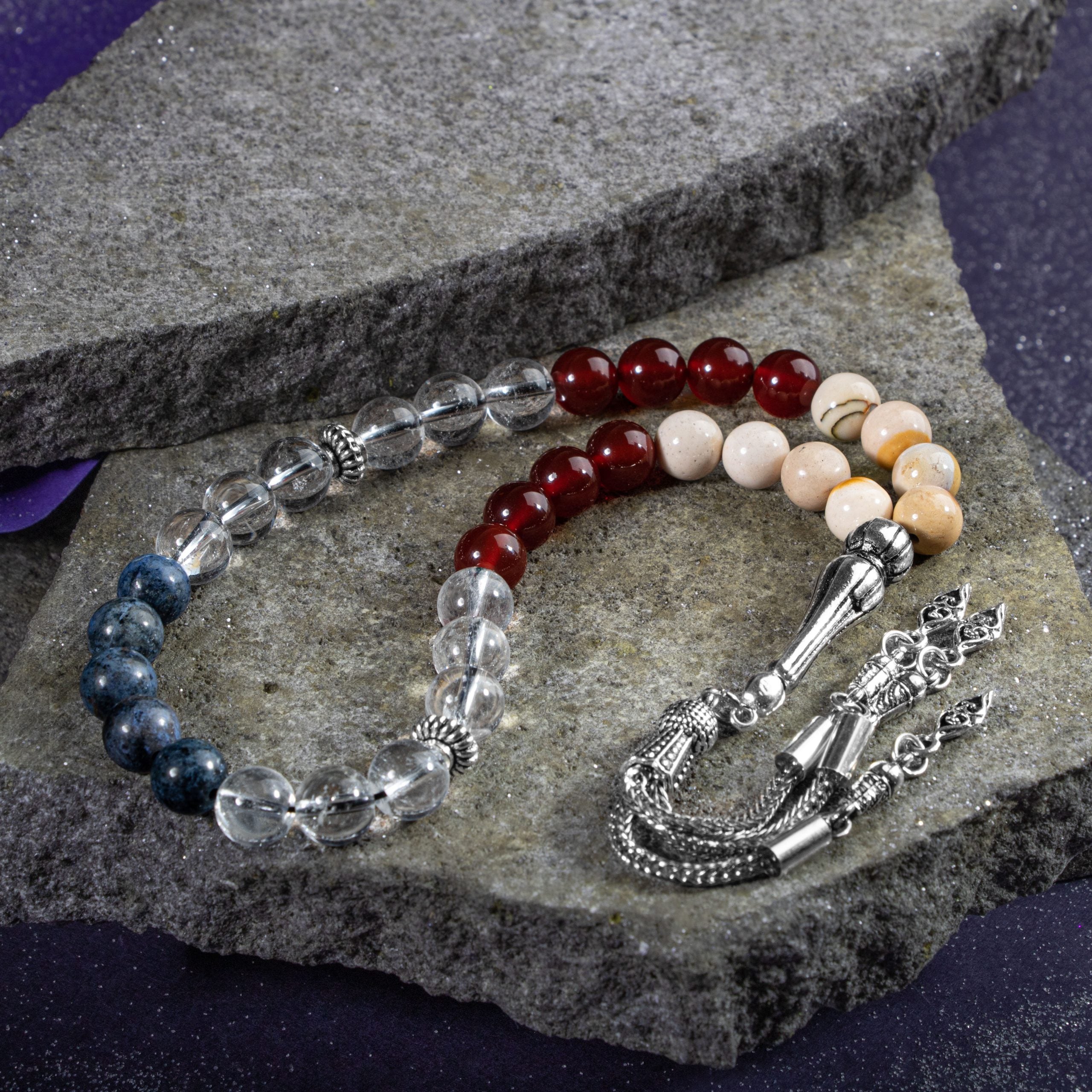 Capricorn Zodiac Prayer Beads – Dumortierite, Jasper, Red Agate & Crystal Quartz Natural Gemstone