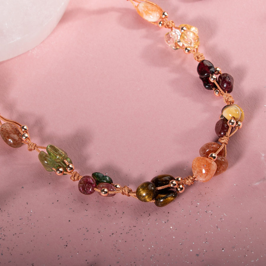 Laboratory Certified Leo Zodiac Natural Stone Macramé Necklace – Burgundy Garnet, Sunstone, Jasper, Tiger’s Eye, Amber, Multicolor Tourmaline, Citrine – Special Design