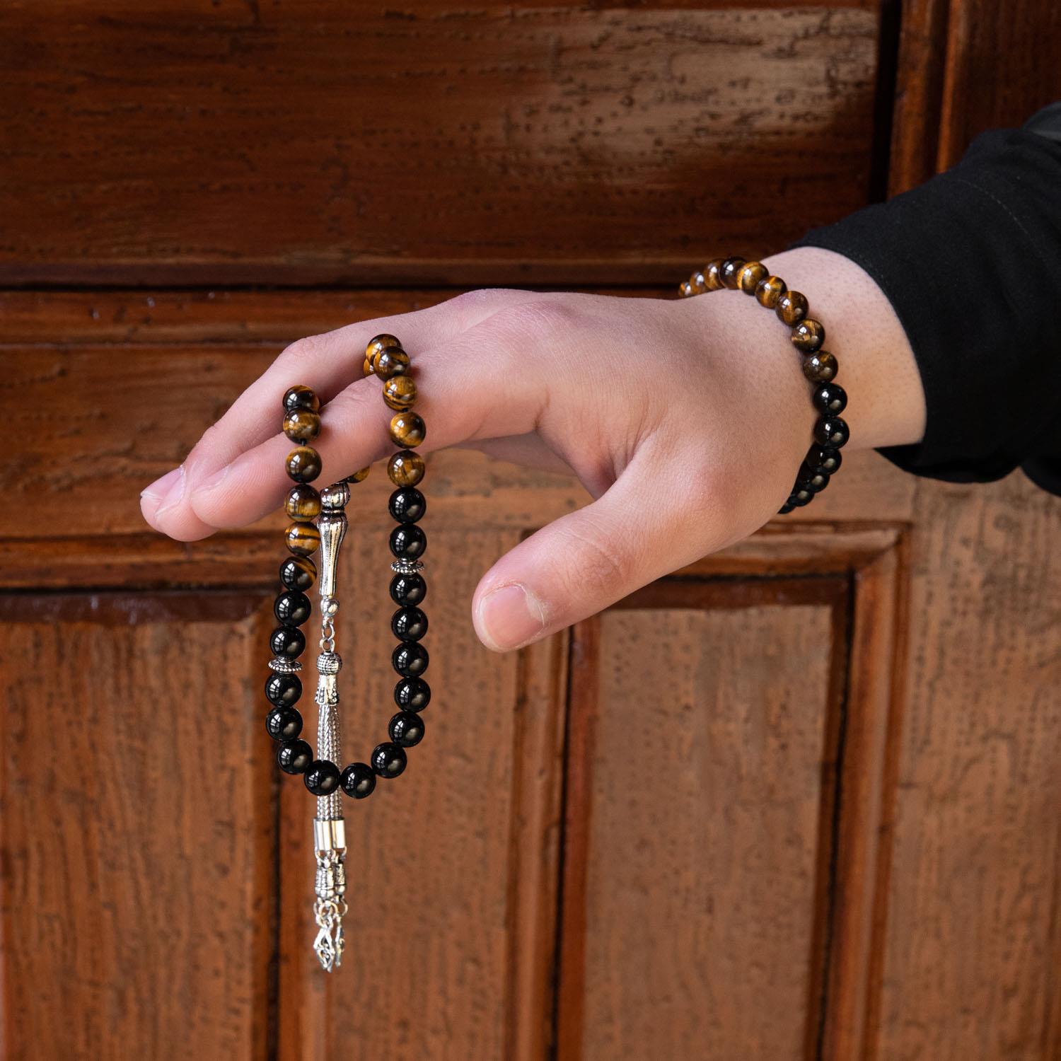 Tiger's Eye & Obsidian Natural Gemstone Prayer Beads & Bracelet Set