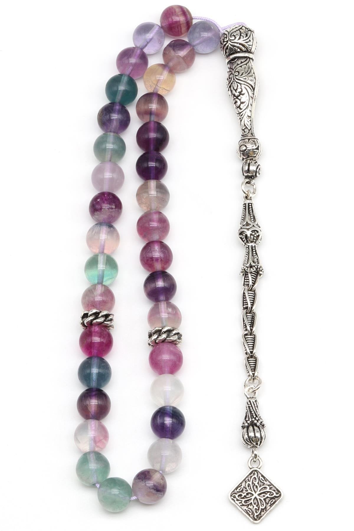 Laboratory Certified Fluorite Natural Stone Prayer Beads 925 Sterling Silver 8 mm Round Bead Cut (33 Beads)