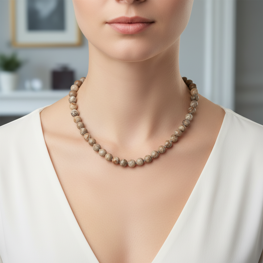 Laboratory Certified Fossil Coral 8 mm Knotted Natural Stone Necklace