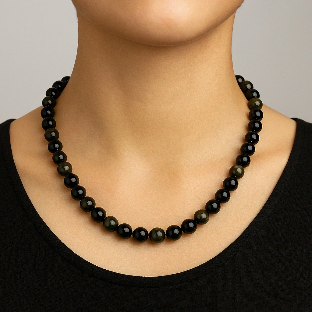 Laboratory Certified Golden Obsidian 8 mm Natural Stone Necklace