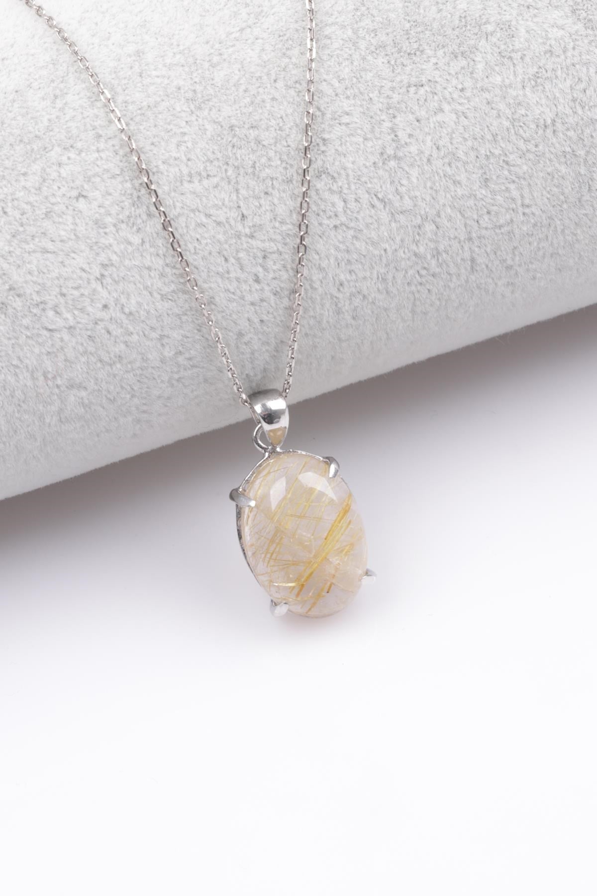 Laboratory Certified Golden Rutilated Quartz Natural Stone 925 Sterling Silver Necklace