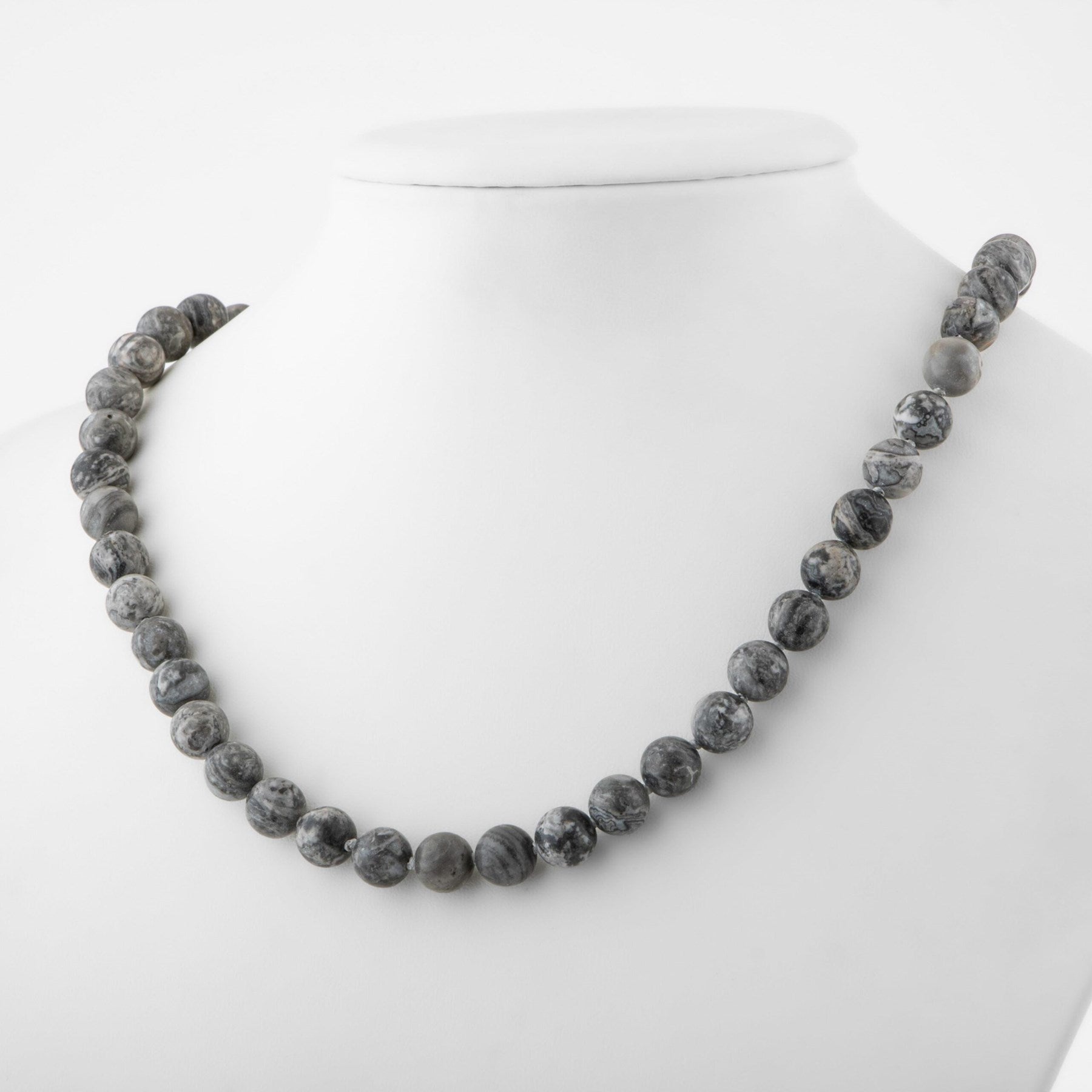 Laboratory Certified Gray Jasper 8 mm Knotted Natural Stone Necklace