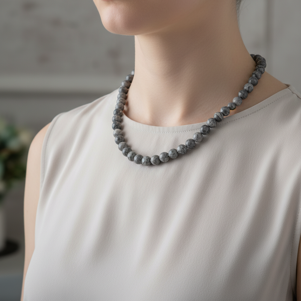 Laboratory Certified Gray Jasper 8 mm Knotted Natural Stone Necklace