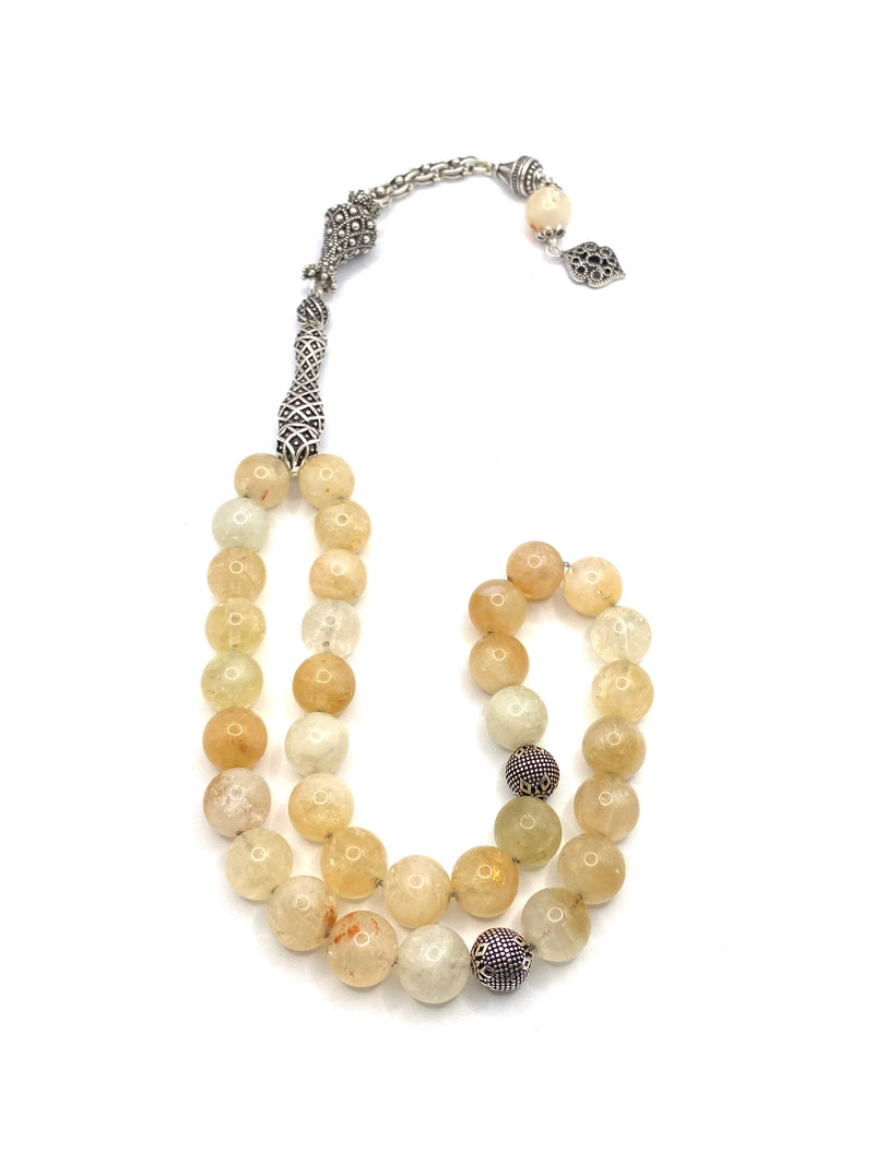 Laboratory Certified Citrine Natural Gemstone Prayer Beads – 10 mm, 33-Bead, Natural Stone-Accented Headpiece and 925 Sterling Silver