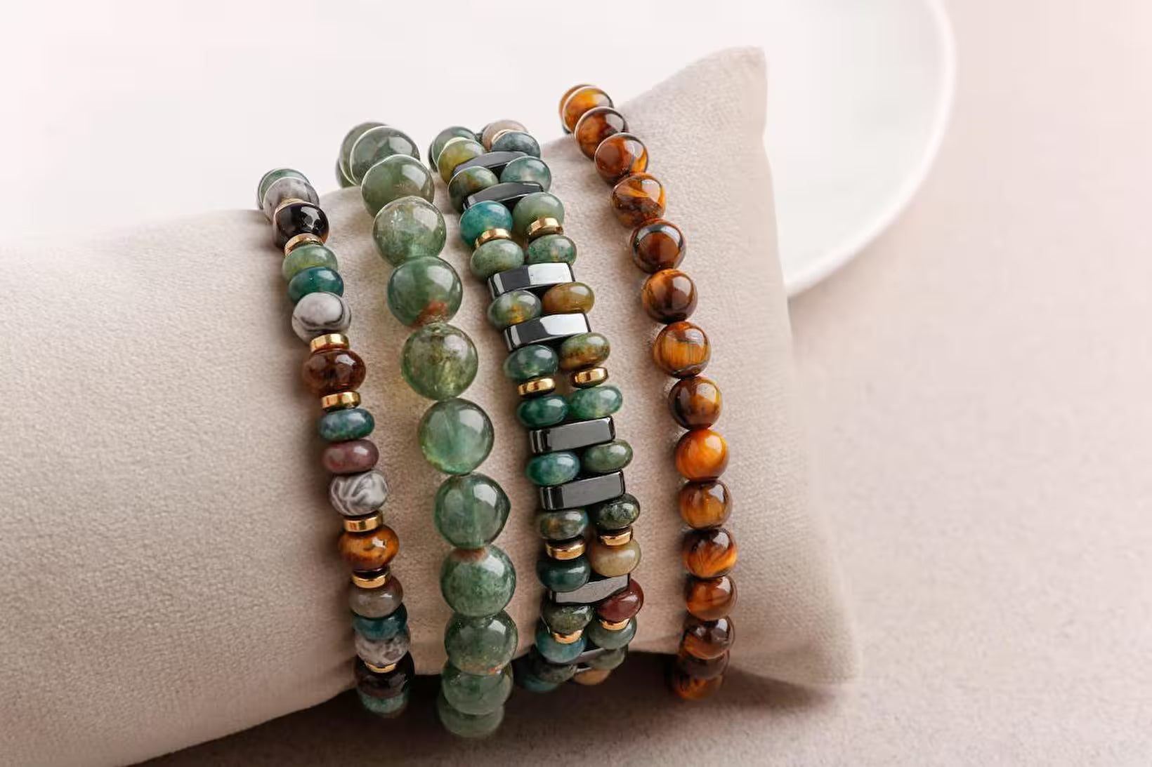 Laboratory Certified Hematite, Bloodstone, Green Apatite, Grey Jasper & Tiger’s Eye Men’s Natural Stone Bracelet Set