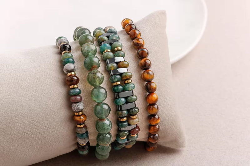 Laboratory Certified Hematite, Bloodstone, Green Apatite, Grey Jasper & Tiger’s Eye Men’s Natural Stone Bracelet Set