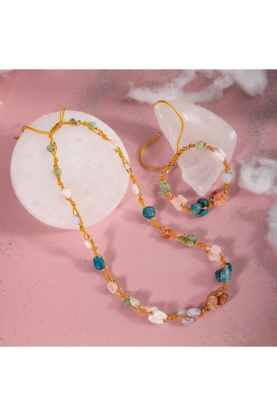 Laboratory Certified Gemstone Necklace & Bracelet Set – Moonstone, Sunstone, Chalcedony, Blue Apatite, Pink Quartz, Green Aventurine & Jade