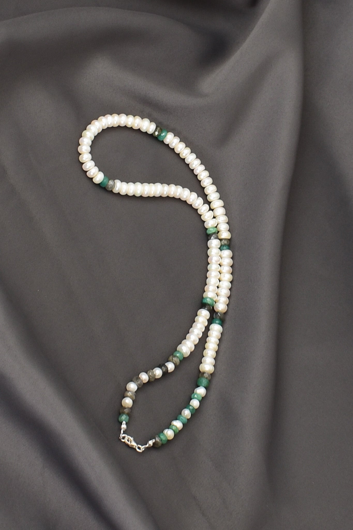 Laboratory Certified Pearl, Emerald & Labradorite Natural Stone Necklace