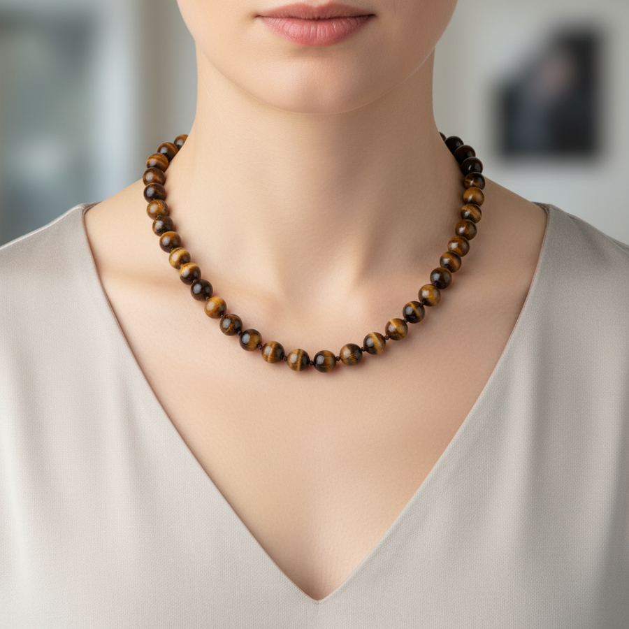Laboratory Certified Tiger’s Eye 8 mm Knotted Natural Stone Necklace