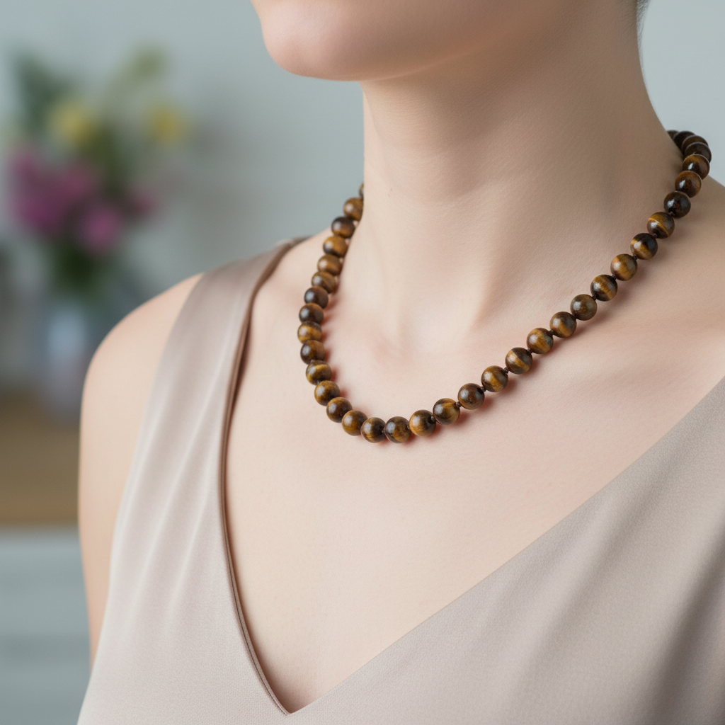 Laboratory Certified Tiger’s Eye 8 mm Knotted Natural Stone Necklace