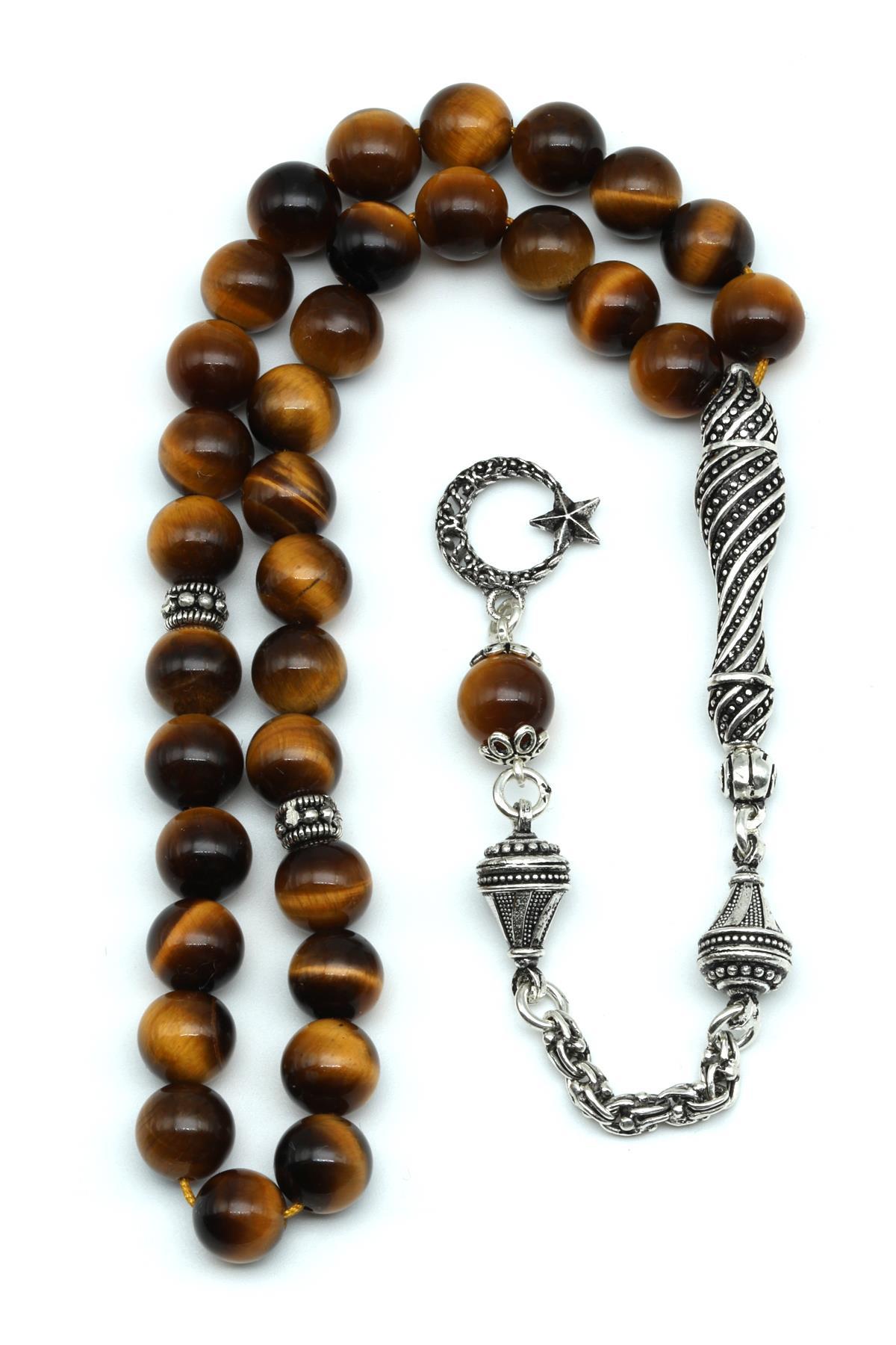 Laboratory Certified Tiger’s Eye Natural Stone Prayer Beads 925 Sterling Silver 8 mm Round Bead Cut (33 Beads)