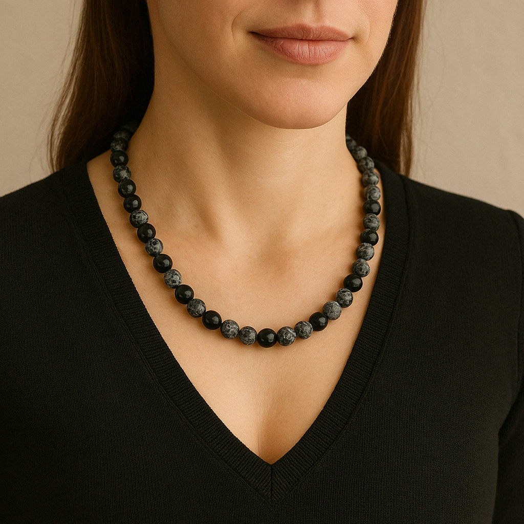 Laboratory Certified Snowflake Obsidian 8 mm Natural Stone Necklace