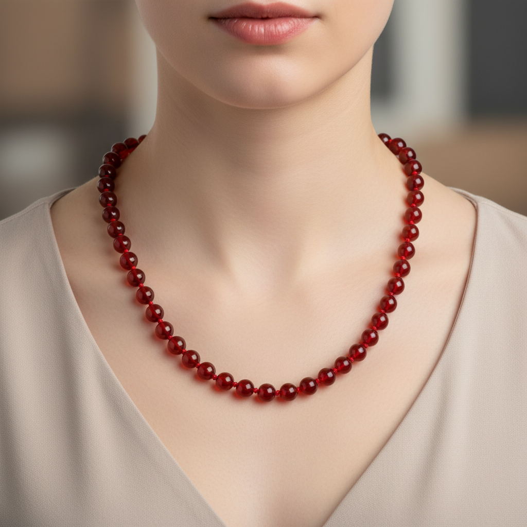 Laboratory Certified Red Agate 6 mm Knotted Natural Stone Necklace