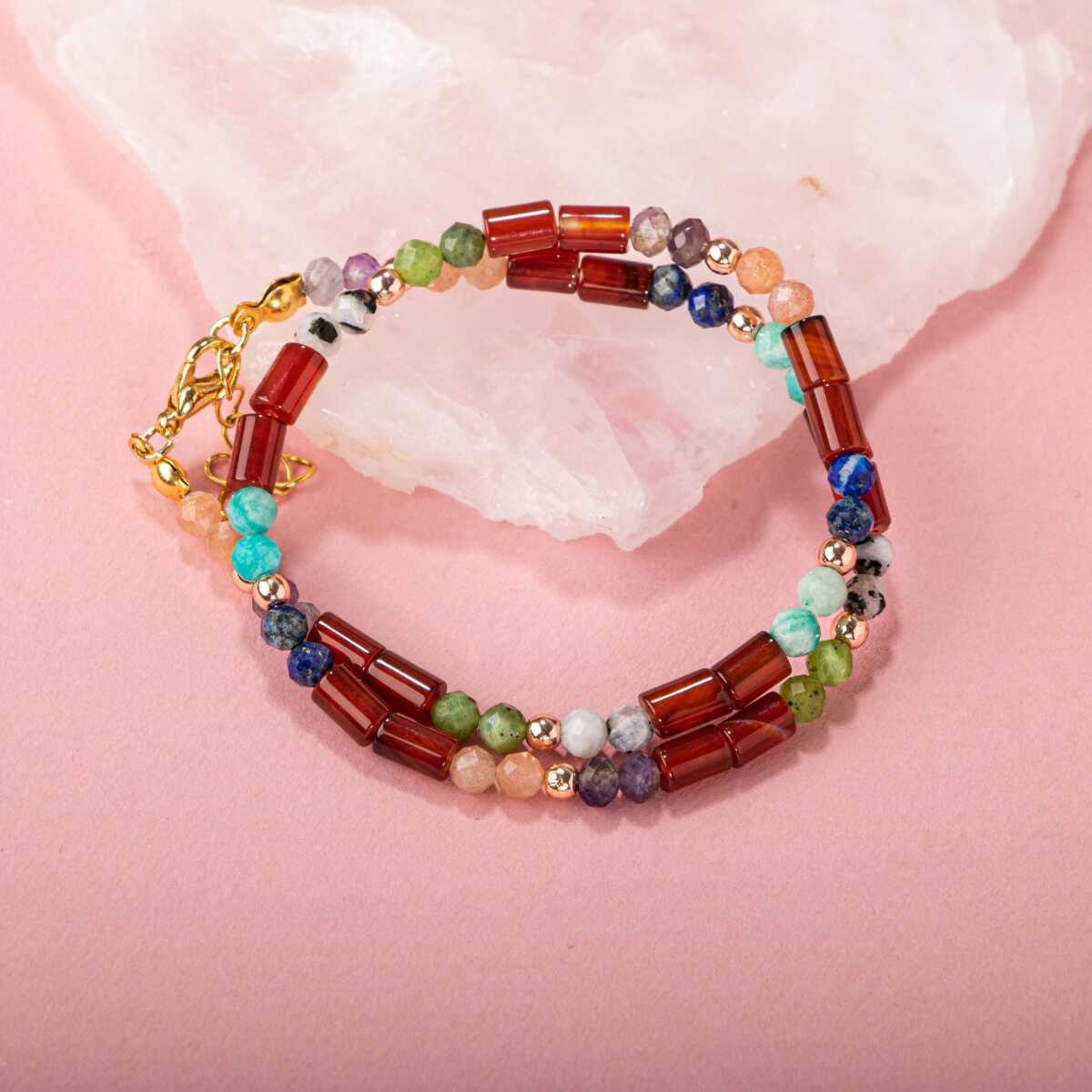Laboratory Certified Red Agate, Moonstone, Amethyst, Sunstone, Jade & Amazonite Natural Stone Bracelet