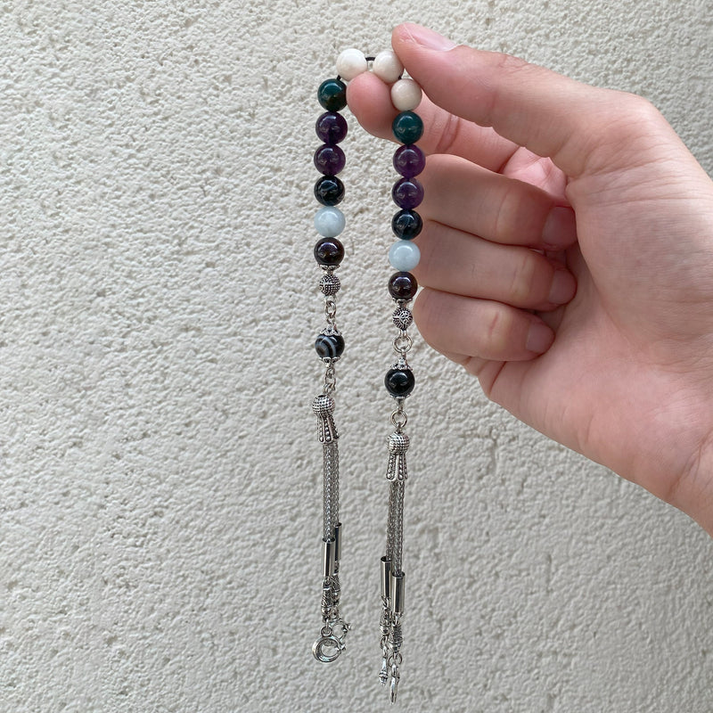 Laboratory Certified Aries Zodiac Zaza-Style-Style Prayer Beads – Aquamarine, Amethyst, Burgundy Garnet (Garnet), Bloodstone, Yellow Jasper and Black Eye Agate