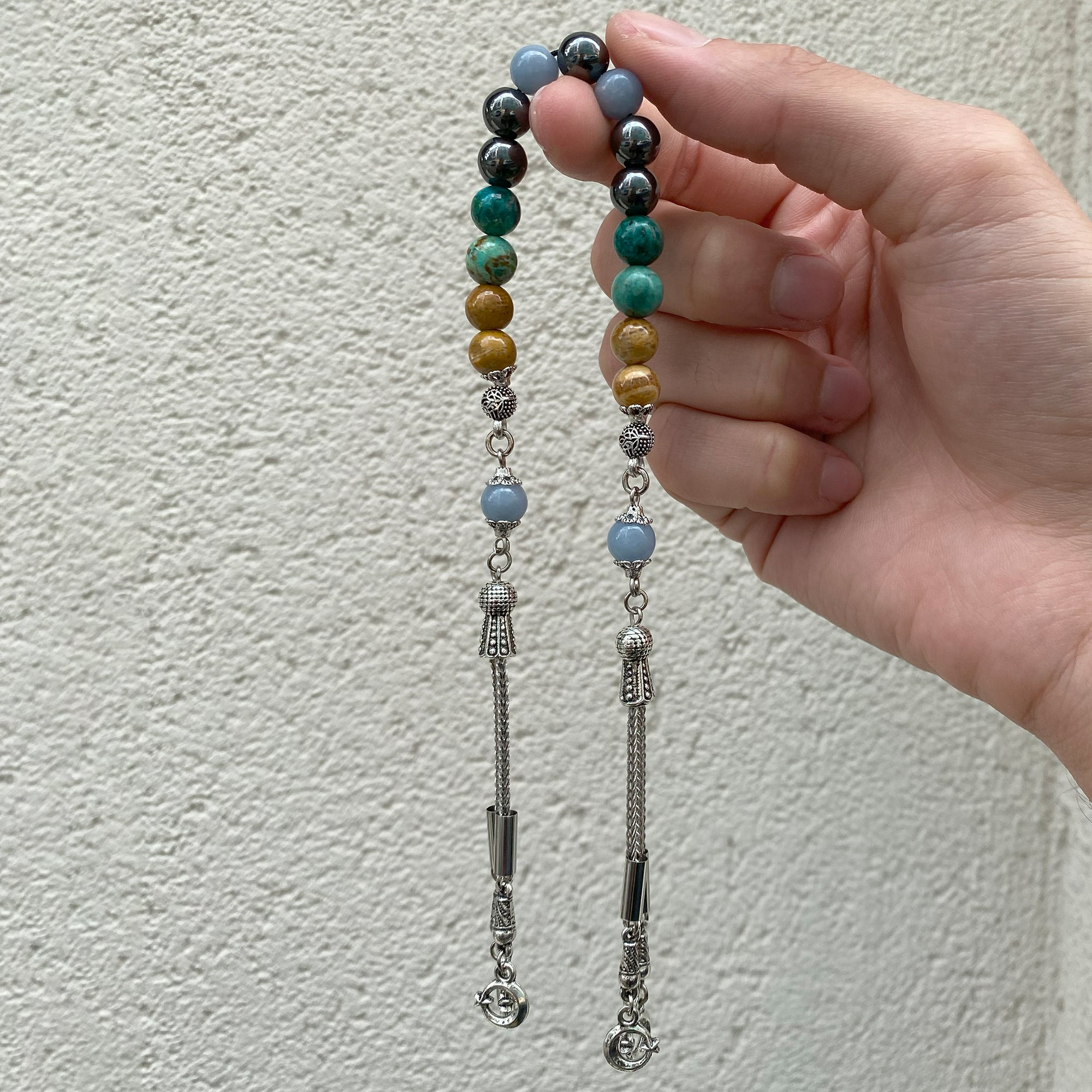 Aquarius Zodiac Zaza-Style-Style Prayer Beads – Angelite, Fossil Coral, Hematite and Chrysocolla Natural Gemstone