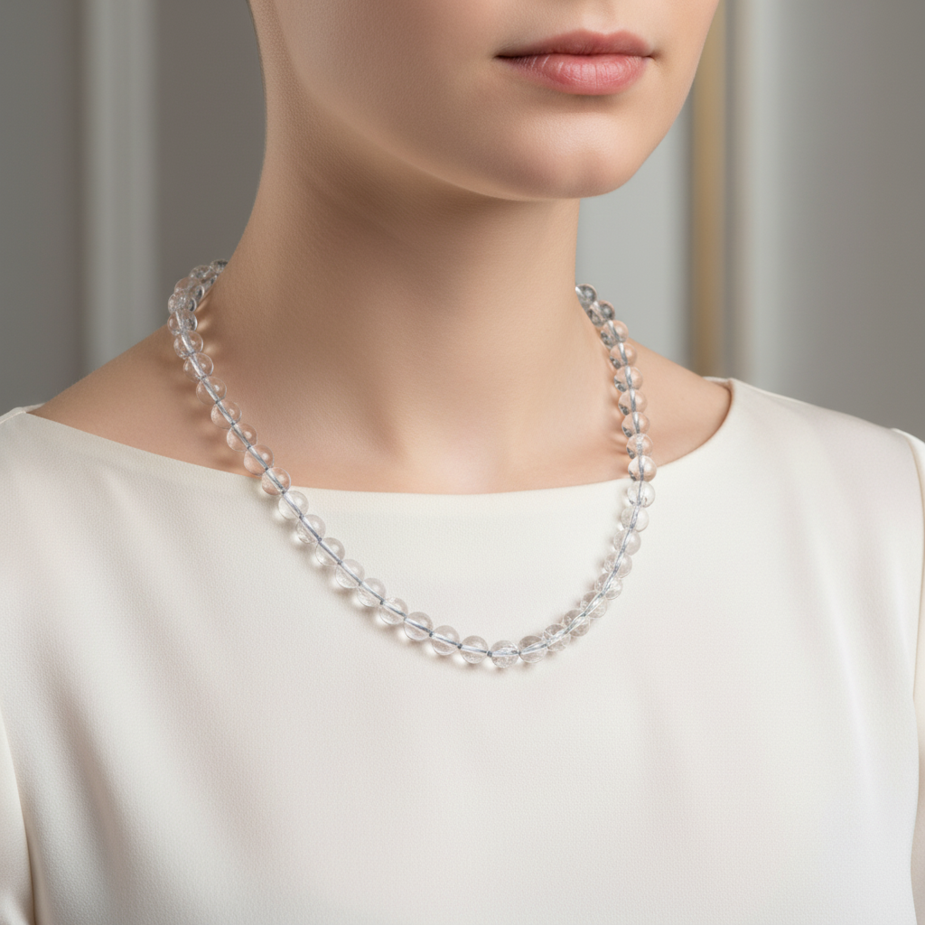 Laboratory Certified Crystal Quartz 6 mm Knotted Natural Stone Necklace