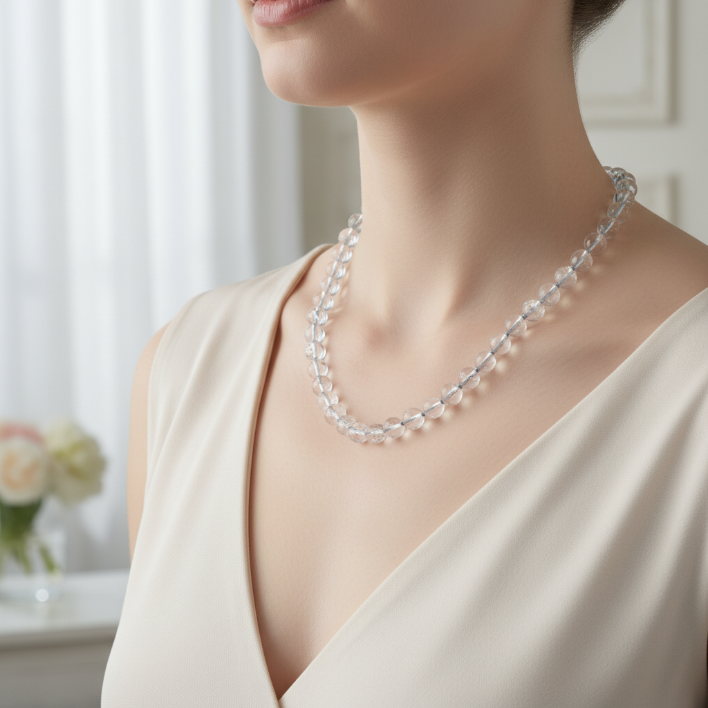 Laboratory Certified Crystal Quartz 6 mm Knotted Natural Stone Necklace