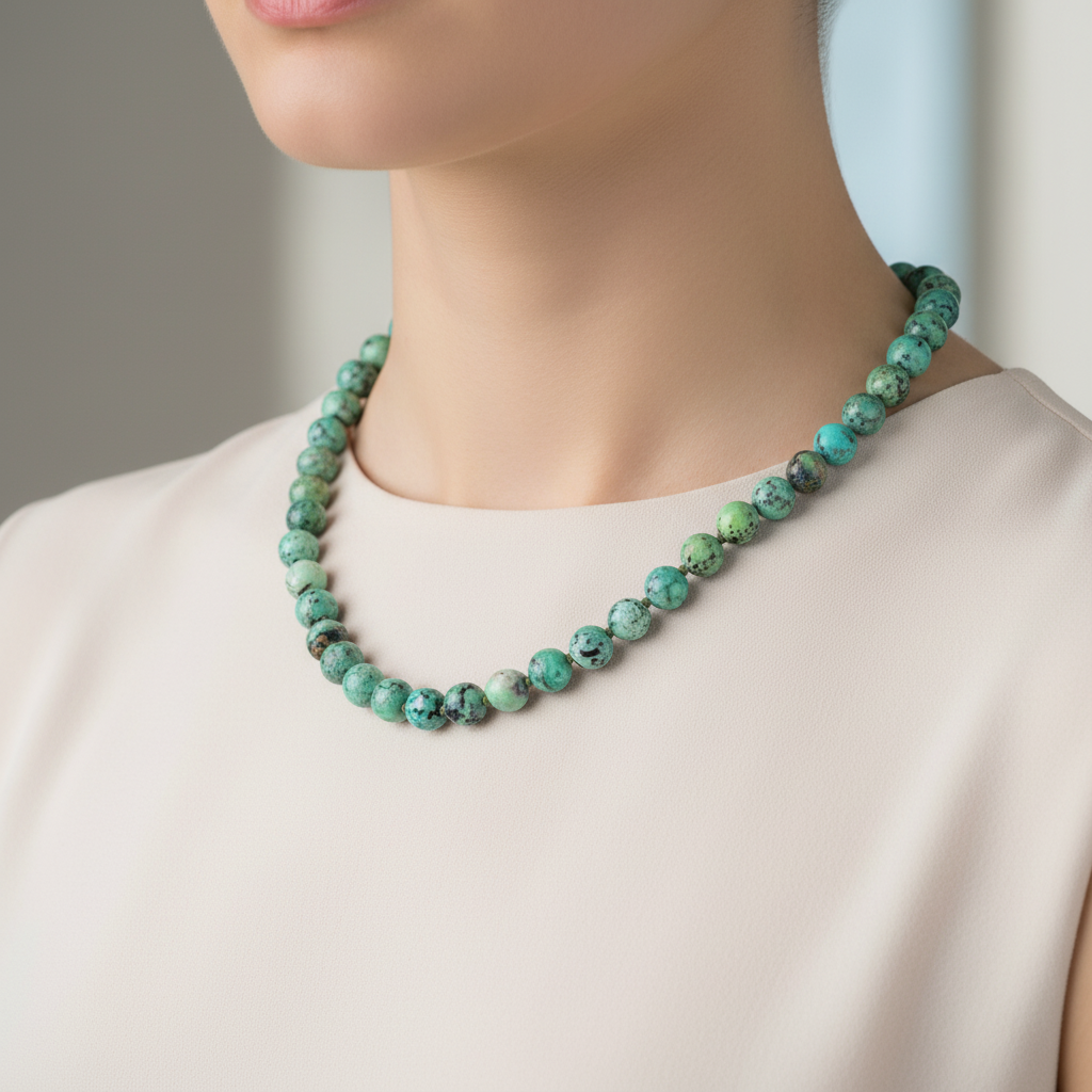 Laboratory Certified Chrysocolla 6 mm Knotted Natural Stone Necklace